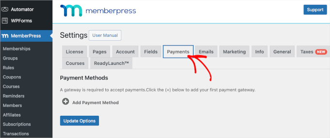 The MemberPress payment settings page The MemberPress payment settings page