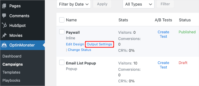 The Output Settings link on campaign list The Output Settings link on campaign list