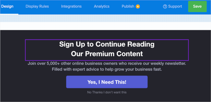 Editing the headline in the campaign builder Editing the headline in the campaign builder