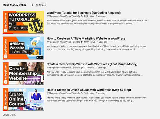 Playlist-uri WPBeginner pe YouTube