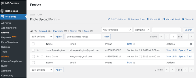 WPForms entries WPForms entries