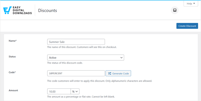 Creating coupon codes using Easy Digital Downloads (EDD)