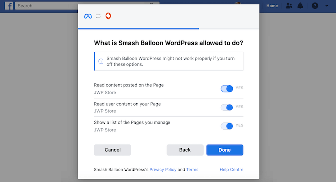 Darle a Smash Balloon permiso para acceder a tu página o grupo de Facebook Darle a Smash Balloon permiso para acceder a tu página o grupo de Facebook