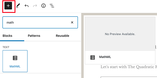 Aggiungi blocco MathML Aggiungi blocco MathML