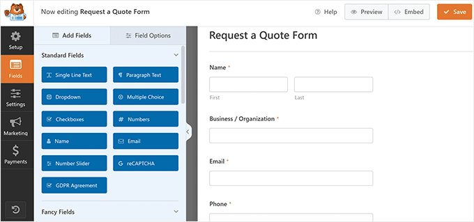Modelo de formulário Solicitar Orçamento