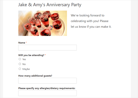 RSVP-formuläret live på webbplatsen