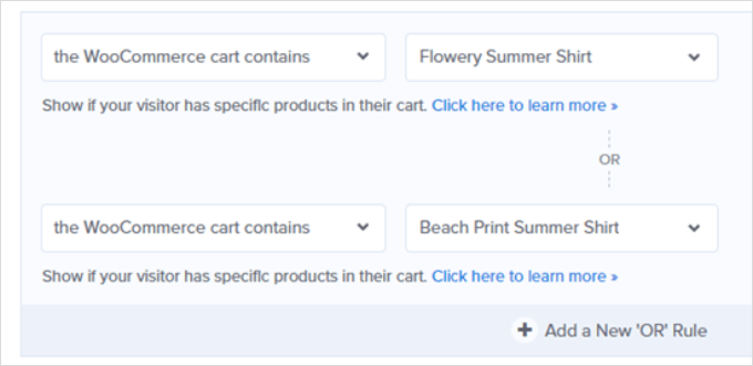OptinMonster WooCommerce cart contains rules OptinMonster WooCommerce cart contains rules