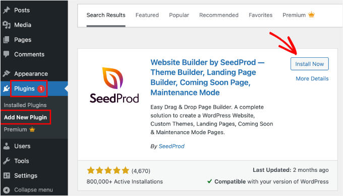 SeedProd plugin install now button