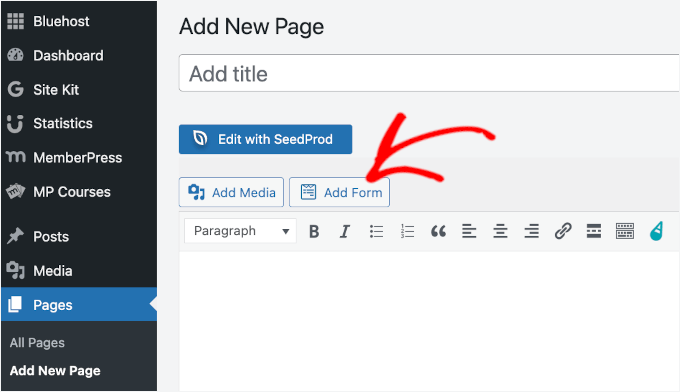 Adding a form to the page using the classic WordPress editor Adding a form to the page using the classic WordPress editor