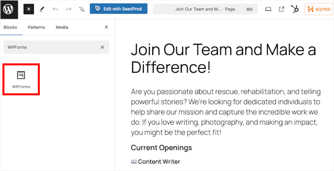 Adding WPForms block Adding WPForms block