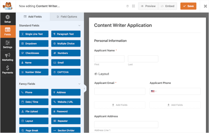 The default job application upload form template in WPForms The default job application upload form template in WPForms