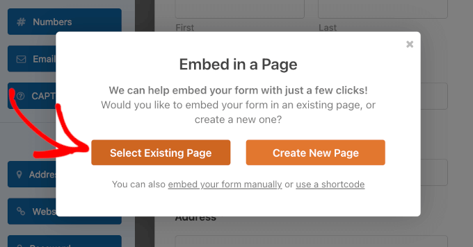 Select existing page button Select existing page button