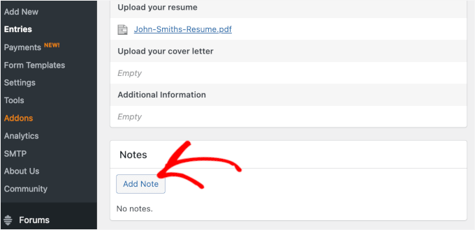 Adding a note to a job application in WPForms Adding a note to a job application in WPForms