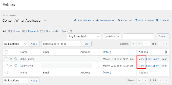 Click the 'View' link to see the details of a completed application Click the 'View' link to see the details of a completed application