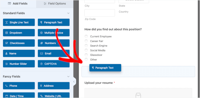 Dragging and dropping a new paragraph field onto the job application form Dragging and dropping a new paragraph field onto the job application form