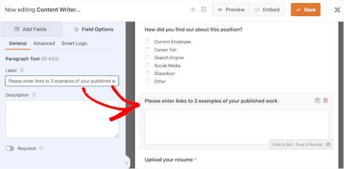 Editing the label for a field in WPForms Editing the label for a field in WPForms