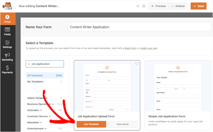 Job Application use template button Job Application use template button