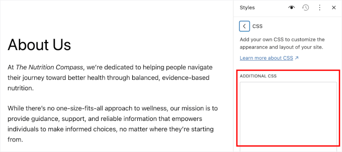 The Additional CSS field The Additional CSS field