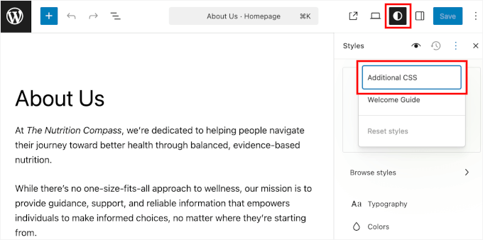 The Additional CSS option in the block editor The Additional CSS option in the block editor