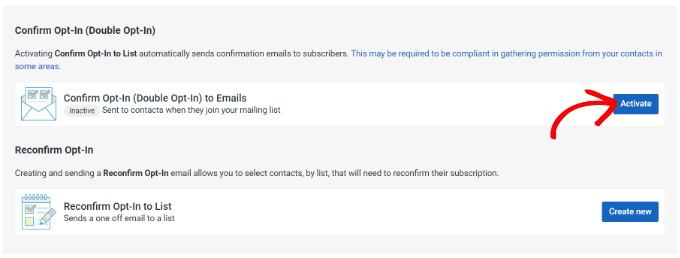 Activate the double optin option in Constant Contact by clicking the 'Activate' button Activate double opt in