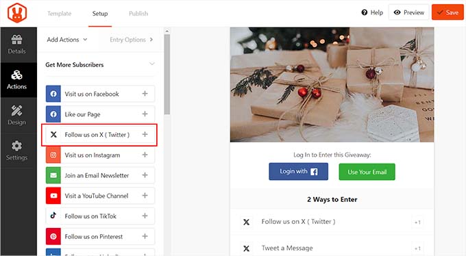 Agregar Twitter como una acción en un sorteo