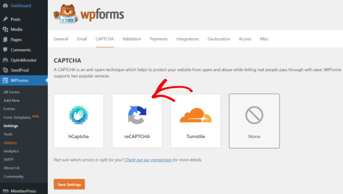 Captcha settings in WPForms Captcha settings in WPForms
