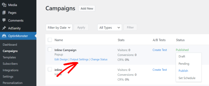 OptinMonster campaigns dashboard in WordPress Change the status of your campaign