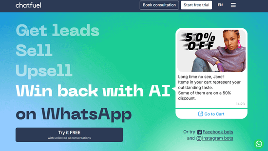 The Chatfuel website Chatfuel AI chatbot software