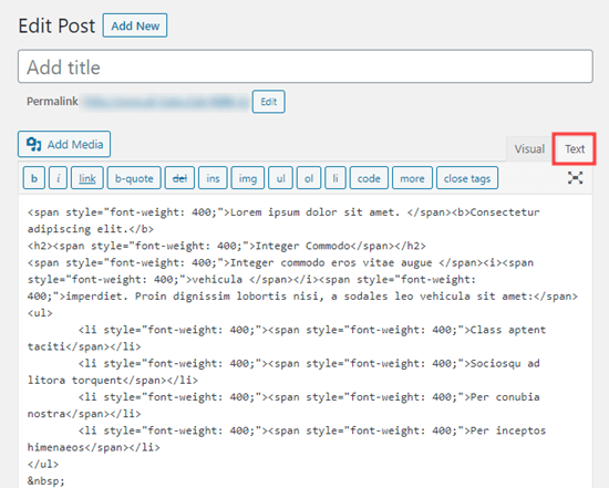 Visualizzazione del codice HTML del tuo post nell'editor classico