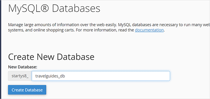 Crea nuovo database MySQL