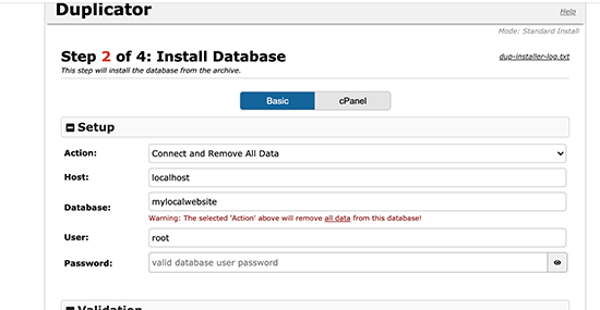 Duplicator database information Duplicator database information