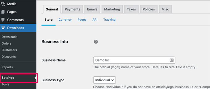 Easy Digital Downloads settings Easy Digital Downloads settings