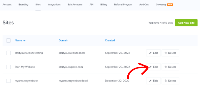 Click the 'Edit' link next to the website that you want to use Edit your website settings in OptinMonster