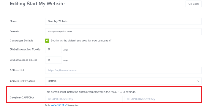 Enter your Google reCAPTCHA details into OptinMonster Enter Google recaptcha keys