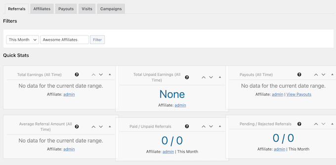 Tracking your affiliates in the AffiliateWP dashboard 