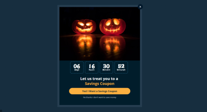 Displaying a holiday sale message using time based trigger Halloween special popup preview