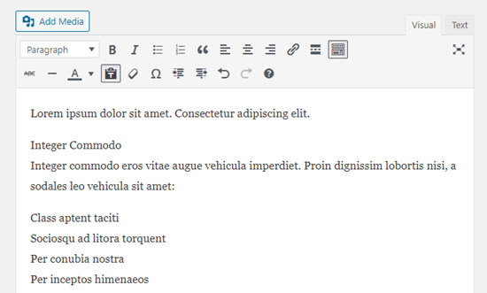Il testo di Google Docs incollato come testo normale nell'editor classico di WordPress