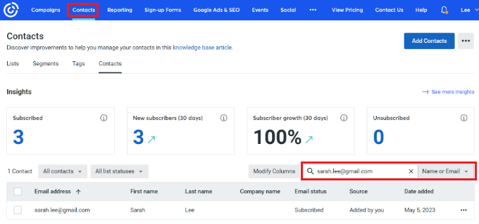 Finding a contact by email address in Constant Contact Search for a contact
