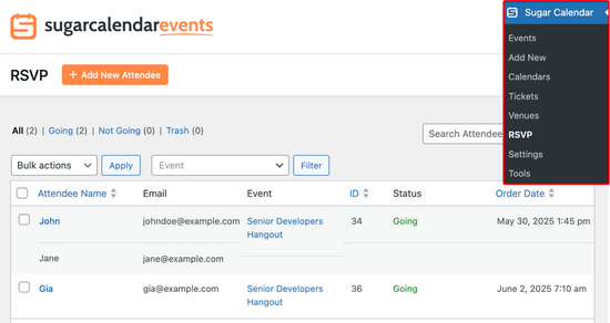 Hantera RSVPs i Sugar Calendar