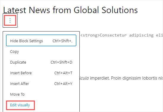Ritorno alla visualizzazione visiva del tuo blocco