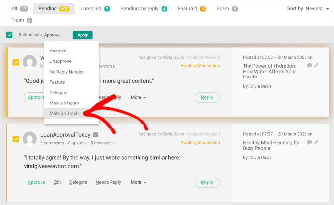 Opțiuni de marcare ca gunoi în moderarea comentariilor Thrive Comments