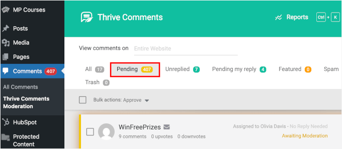 Fila În așteptare în moderarea Thrive Comments