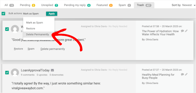 Marcarea comentariilor din fila Coș de gunoi ca Ștergere permanentă