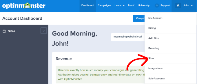 Select the 'Sites' link from the OptinMonster dropdown View sites in OptinMonster