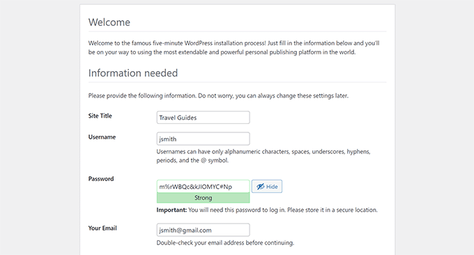 Inserisci i dettagli del sito web