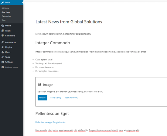 Il testo da Word è stato ora copiato nel nostro post di WordPress