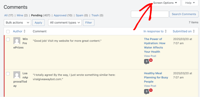 Deschide fila opțiuni de ecran pe pagina comentariilor în așteptare