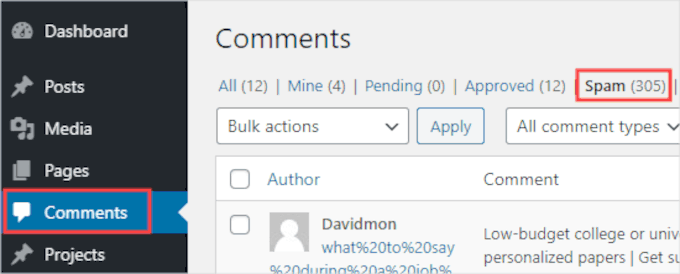 Faceți clic pe fila Spam pentru a vedea o listă a comentariilor marcate ca spam