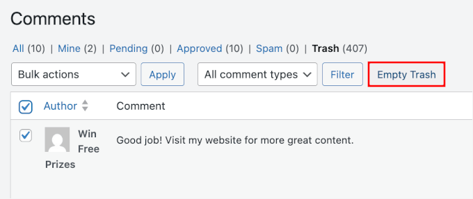 Golirea coșului de gunoi pentru a șterge toate comentariile în așteptare din WordPress