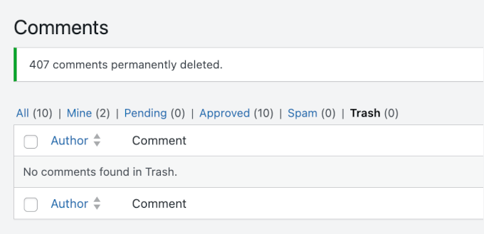 WordPress afișează un mesaj pentru a confirma că comentariile au fost șterse permanent